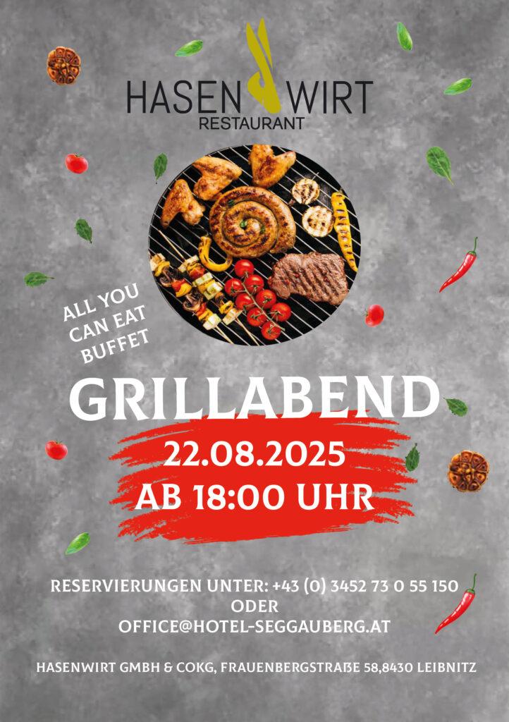 Einladung zum Grillabend im Hasenwirt Restaurant mit All-you-can-eat Buffet am 22.08.2025.