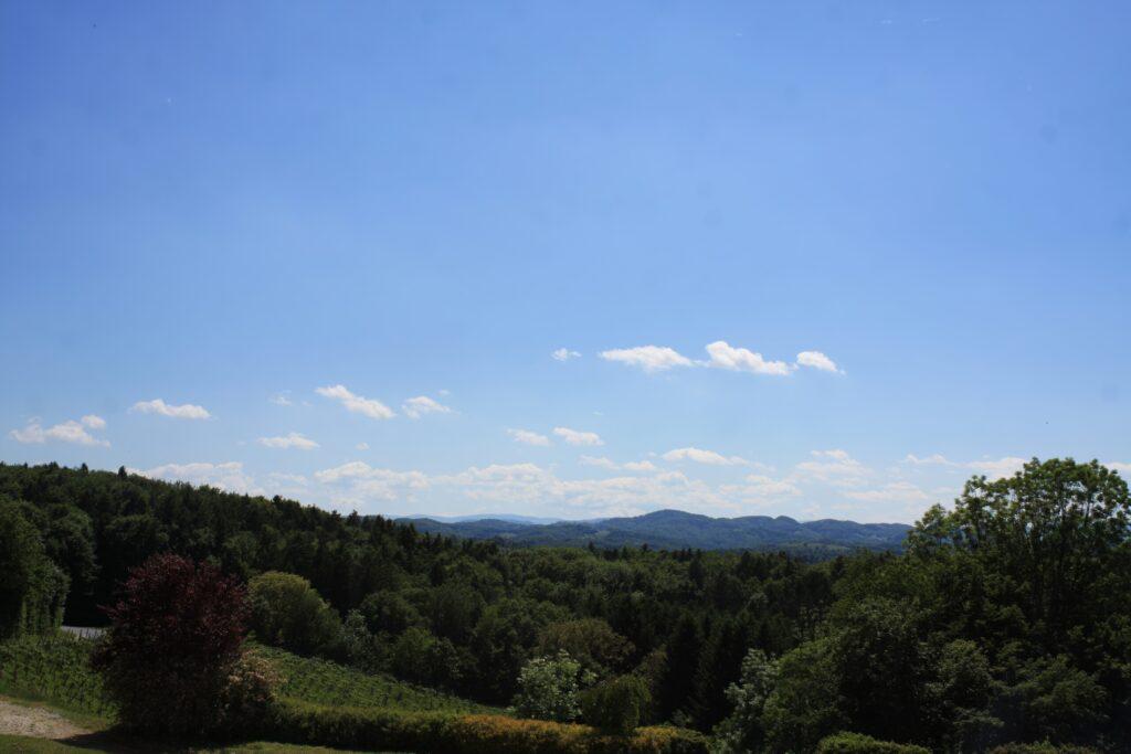 Weitläufige Landschaft mit bewaldeten Hügeln und blauem Himmel