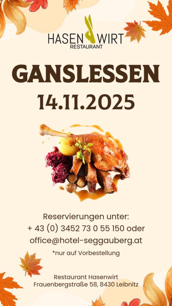 Plakat für das Ganslessen im Restaurant Hasenwirt am 14.11.2025