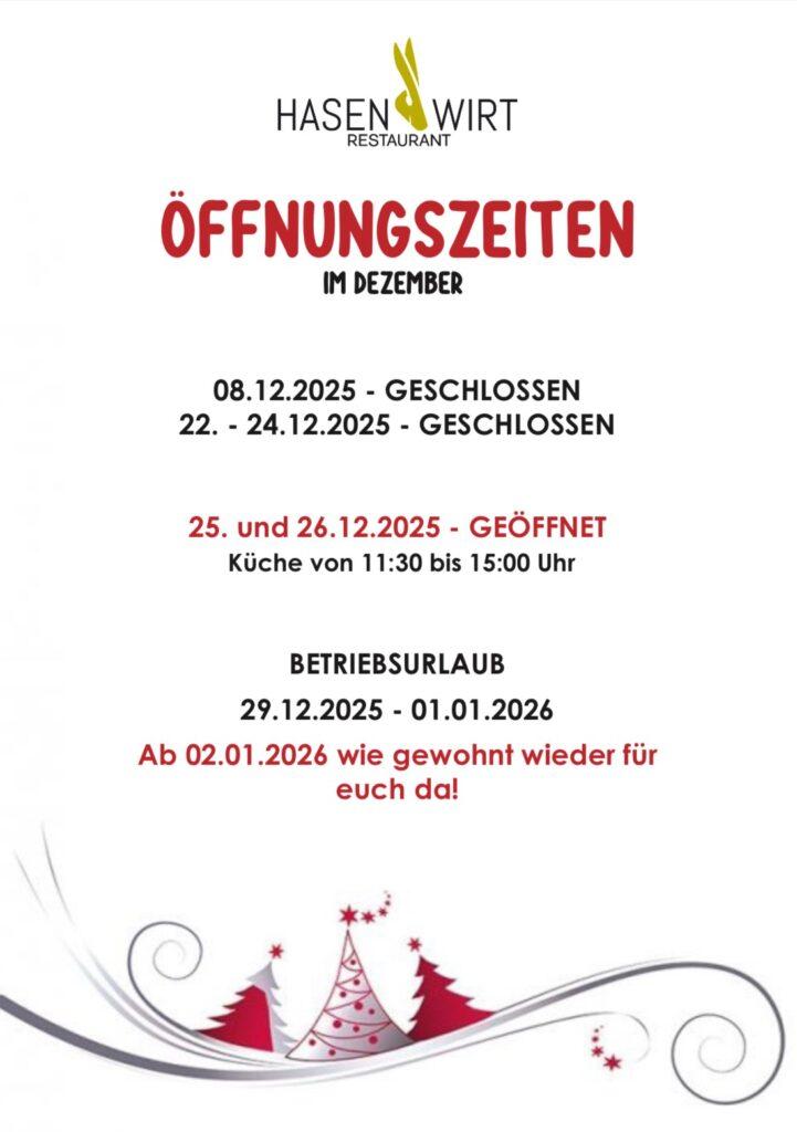 Öffnungszeiten des Restaurants Hasenwirt im Dezember 2025